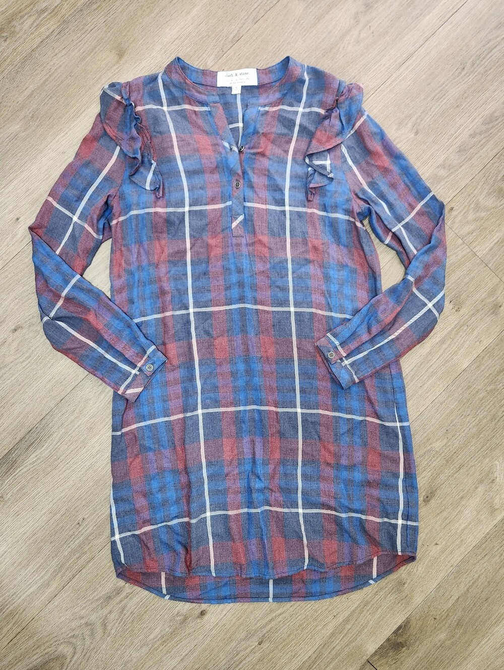 Cloth & Stone Anthropologie Plaid Split Neck Ruffle Shoulder Tunic Shirt Dress